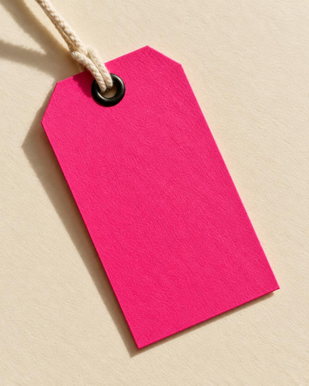 A pink paper tag on a warm cream background